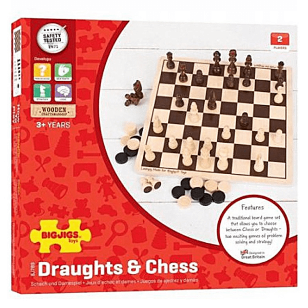 Drewniane szachy i warcaby -zestaw gier, Bigjigs