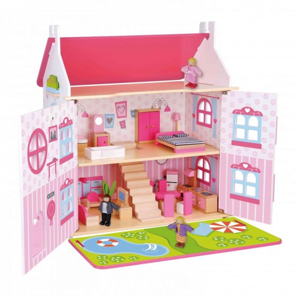 Bajkowy, dwupiętrowy drewniany domek dla lalek Tooky Toy
