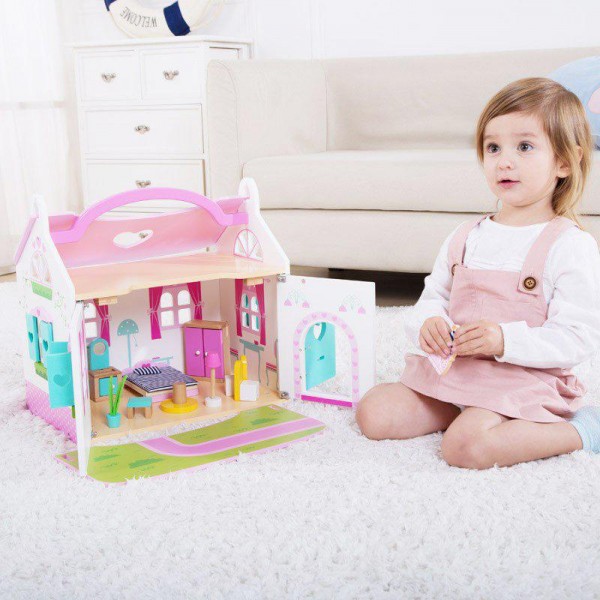 Bajkowy, różowy drewniany domek dla lalek Tooky Toy