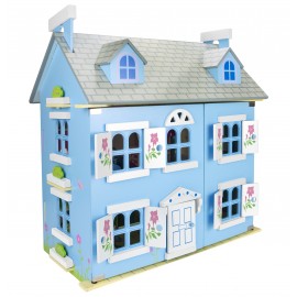 Drewniany domek dla lalek - alpejska willa niebieska
